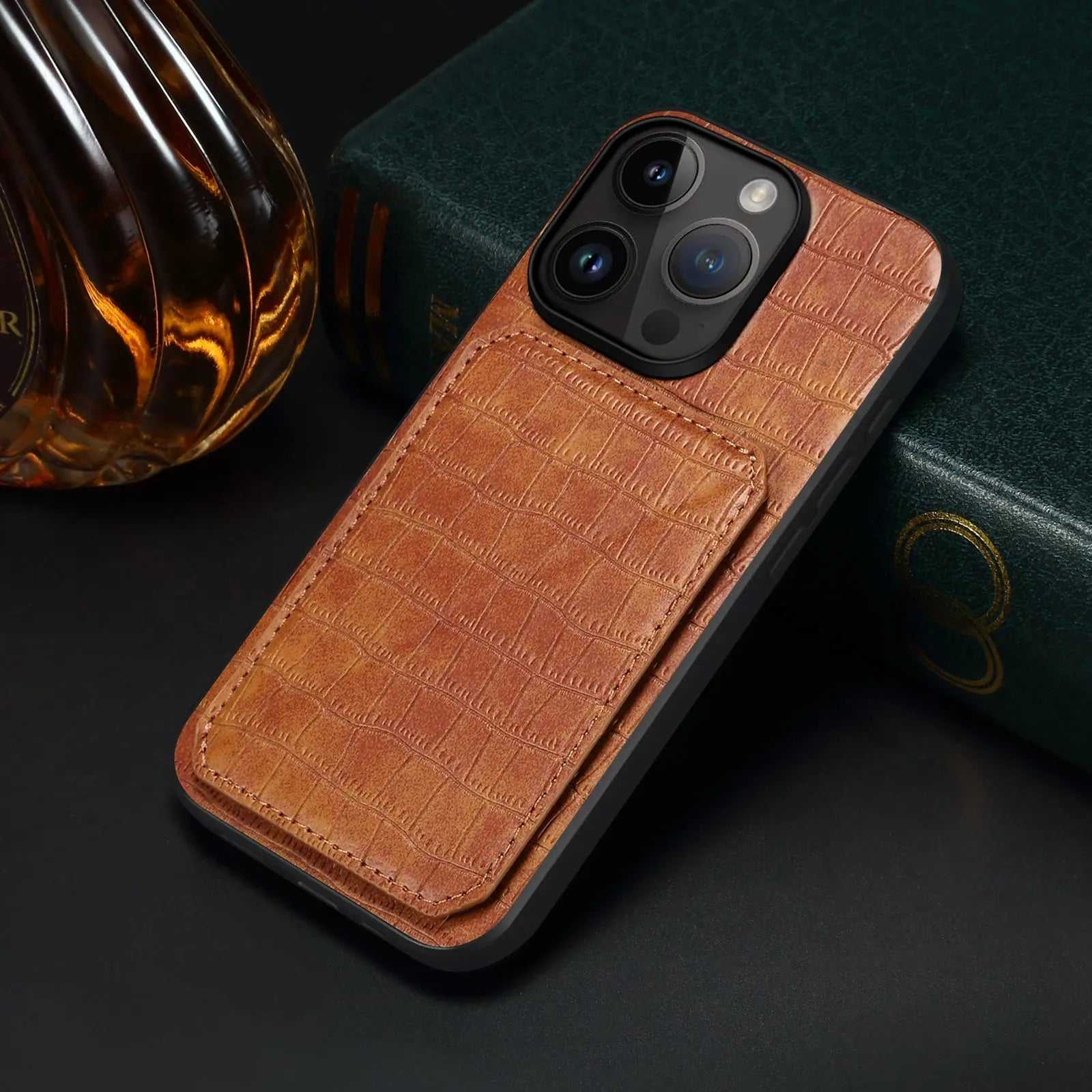 Brown PADUCASE iPhone wallet case with card holder, showing sleek design and multiple card slots on the back.