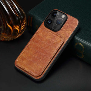 Brown PADUCASE iPhone wallet case with card holder, showing sleek design and multiple card slots on the back.