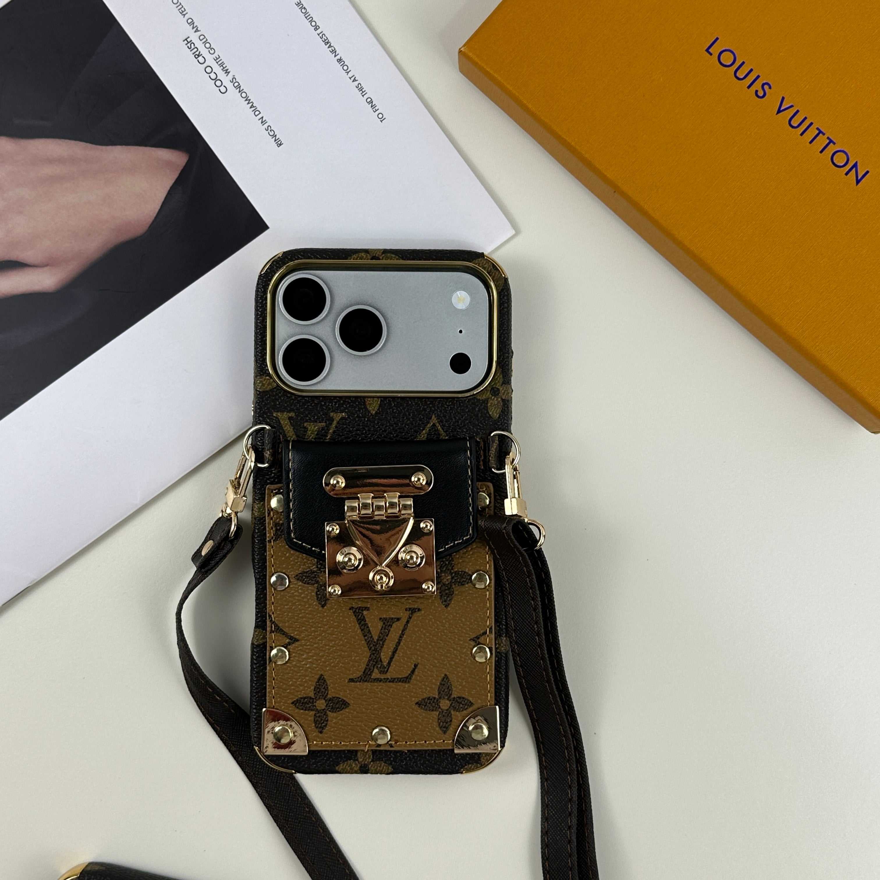 Luxury Leather Monogram iPhone Case With Wallet And Crossbody Strap For iPhone 17 Series Black-RCLV137