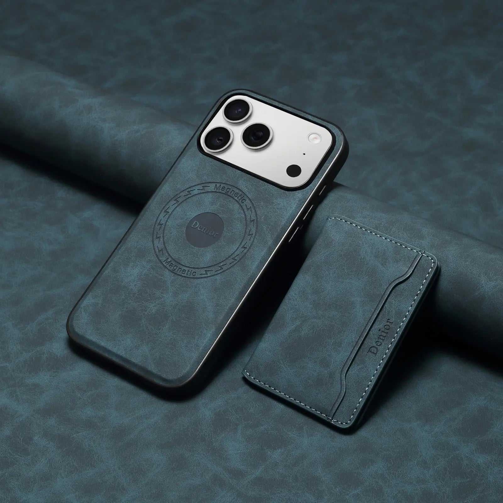 Blue leather iPhone case with MagSafe wallet for iPhone 12 to 17, featuring PADUCASE branding and magnetic card holder.