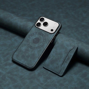 Blue leather iPhone case with MagSafe wallet for iPhone 12 to 17, featuring PADUCASE branding and magnetic card holder.