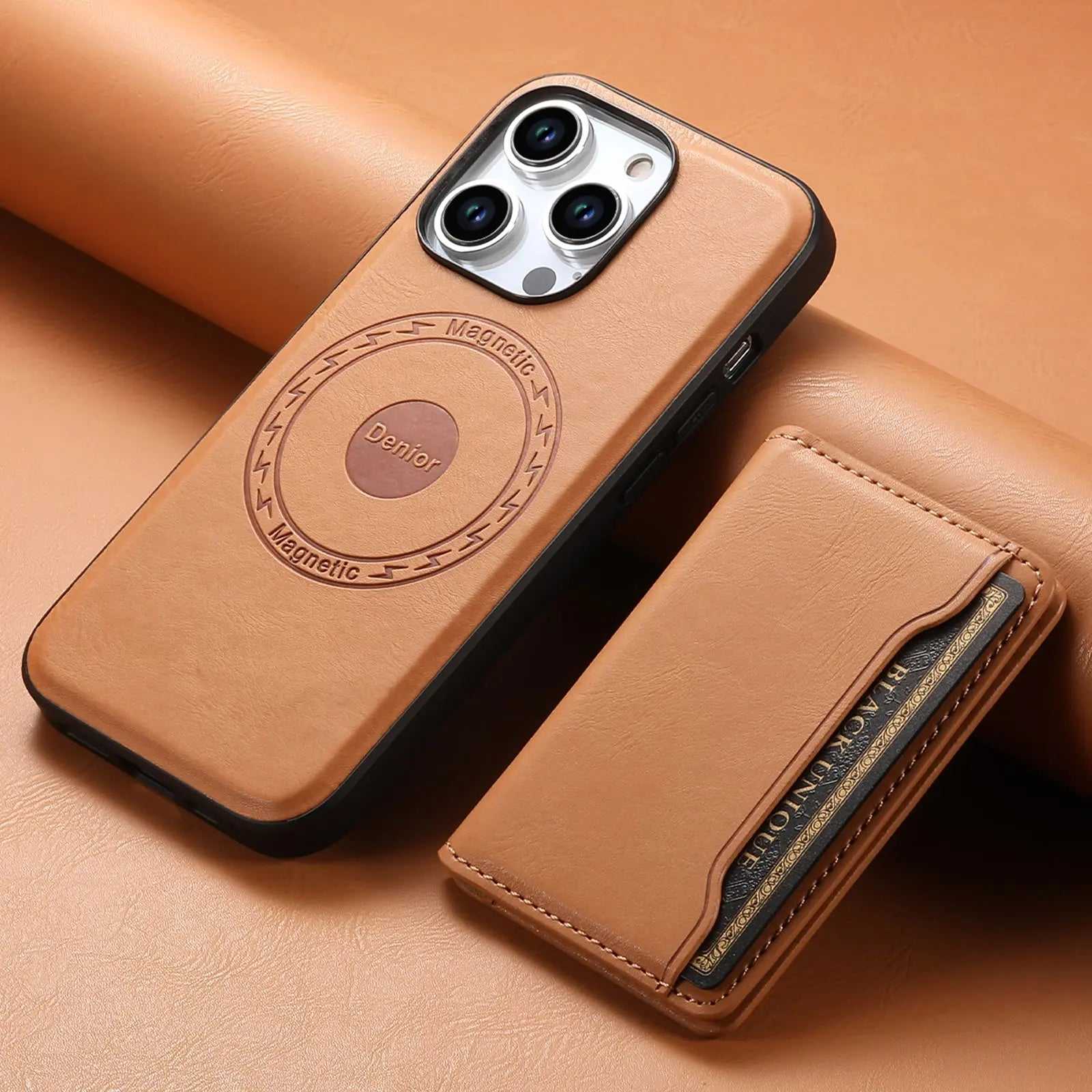 PadUcase MagSafe iPhone case with card holder in khaki, showcasing the slim design and integrated wallet feature on the back.