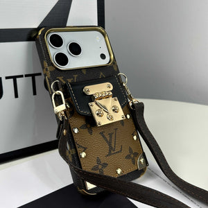Luxury Leather Monogram iPhone Case With Wallet And Crossbody Strap For iPhone 17 Series Black-RCLV137