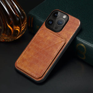 Brown PADUCASE iPhone wallet case with card holder, showing sleek design and multiple card slots on the back.