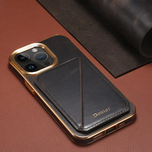 Black leather iPhone case by PADUCASE with hidden card slot, durable protective cover, and sleek design.