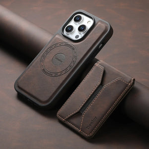 Brown leather MagSafe iPhone case with built-in magnetic card holder by PADUCASE, showing the front view with card slot.
