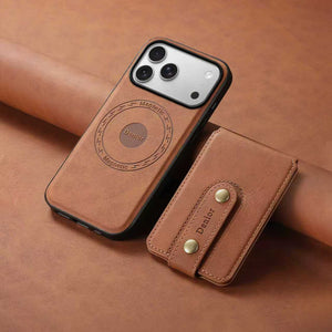 Brown leather MagSafe wallet iPhone case compatible with iPhone 12 to 17 by PADUCASE, showing the sleek exterior design.