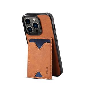 Brown leather iPhone case with built-in card holder and stand from PADUCASE, showing the front view with card slot open.