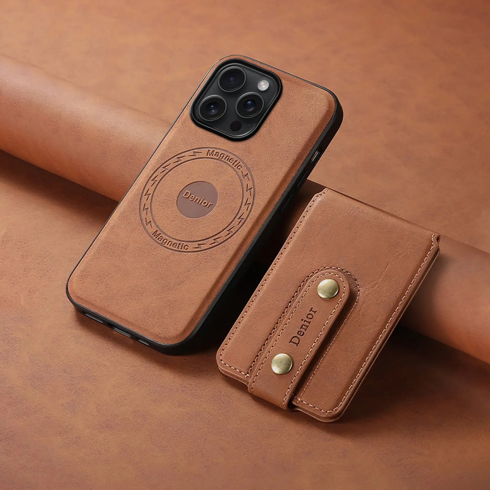PADUCASE MagSafe iPhone case with brown leather wallet attachment, offering full protection and a sleek, stylish design.