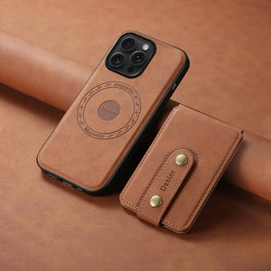 PADUCASE MagSafe iPhone case with brown leather wallet attachment, offering full protection and a sleek, stylish design.