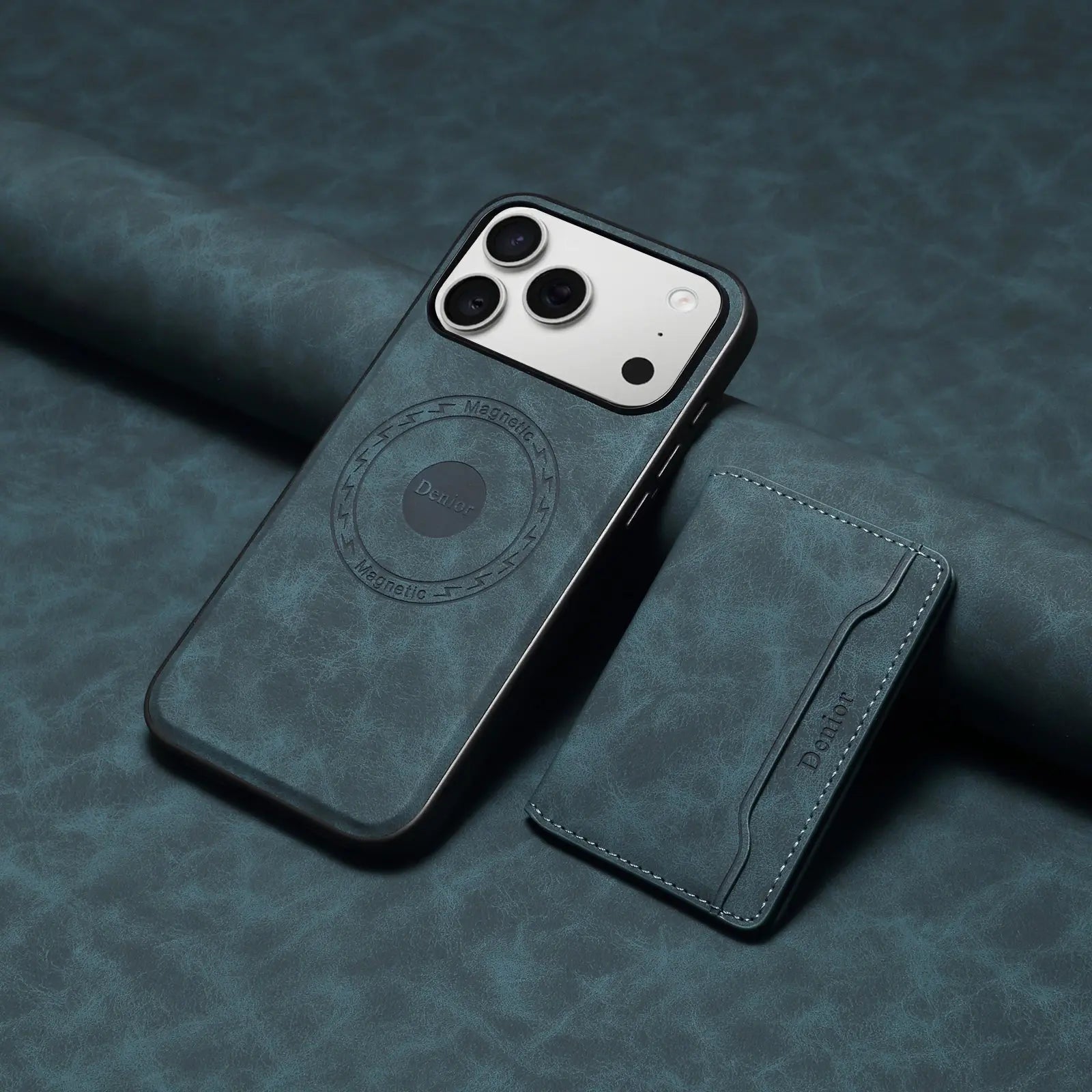 Blue leather iPhone case with MagSafe wallet for iPhone 12 to 17, featuring PADUCASE branding and magnetic card holder.
