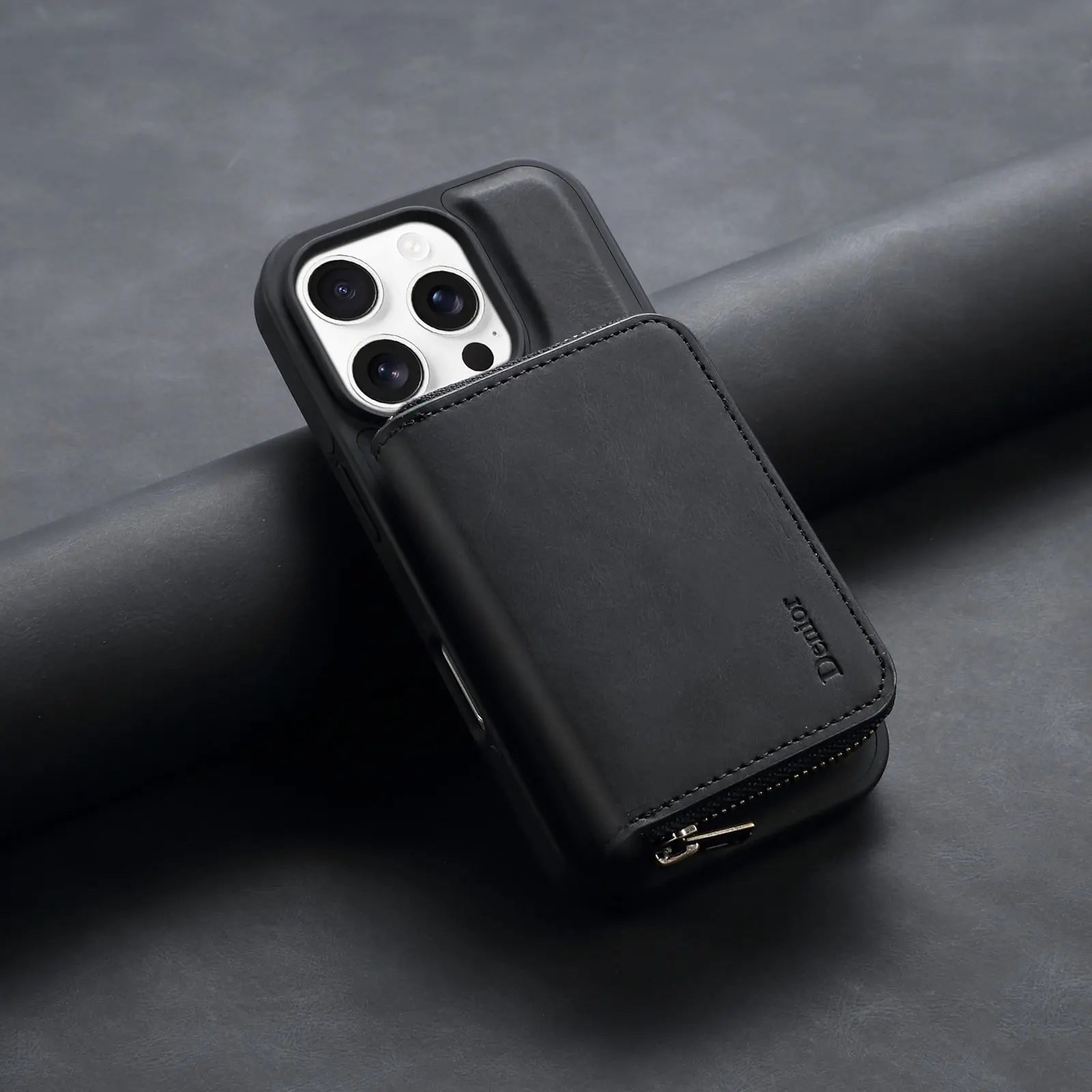Black PADUCASE MagSafe leather iPhone case with built-in magnetic wallet, sleek design, and precise cutouts for buttons and camera.