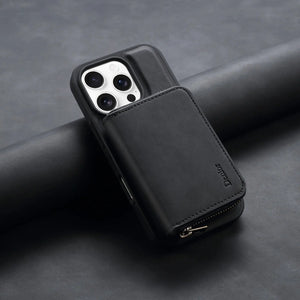 Black PADUCASE MagSafe leather iPhone case with built-in magnetic wallet, sleek design, and precise cutouts for buttons and camera.