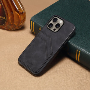 Black leather iPhone case with integrated card holder for full protection and convenience, designed by PADUCASE.