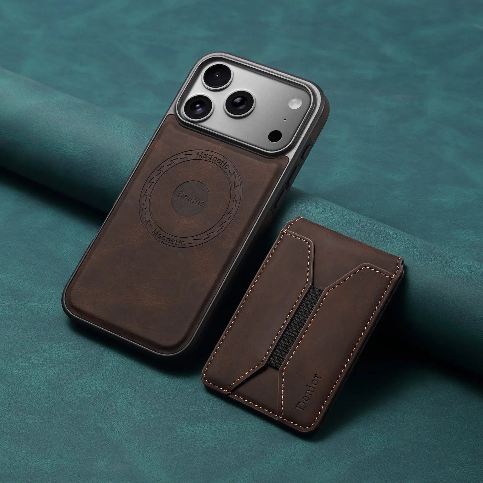 Brown leather MagSafe wallet iPhone case by PADUCASE with sleek design and built-in card holder.