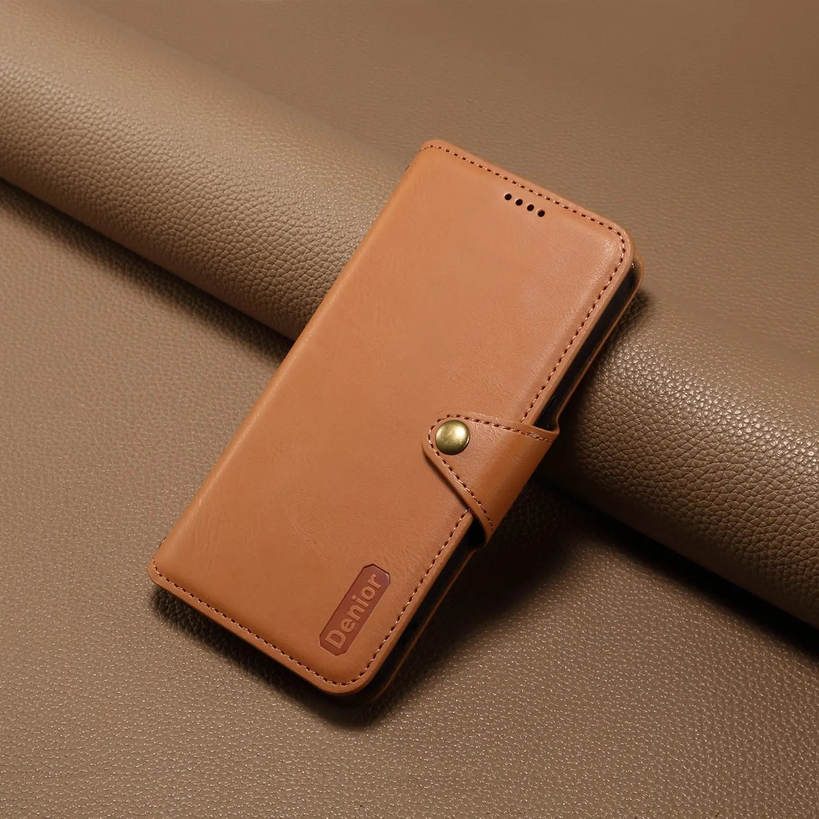 PADUCASE leather iPhone wallet case in khaki with card holder, flip cover protection, showing the wallet design and card slots.