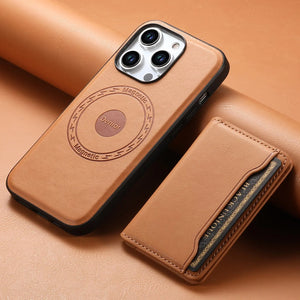 PadUcase MagSafe iPhone case with card holder in khaki, showcasing the slim design and integrated wallet feature on the back.