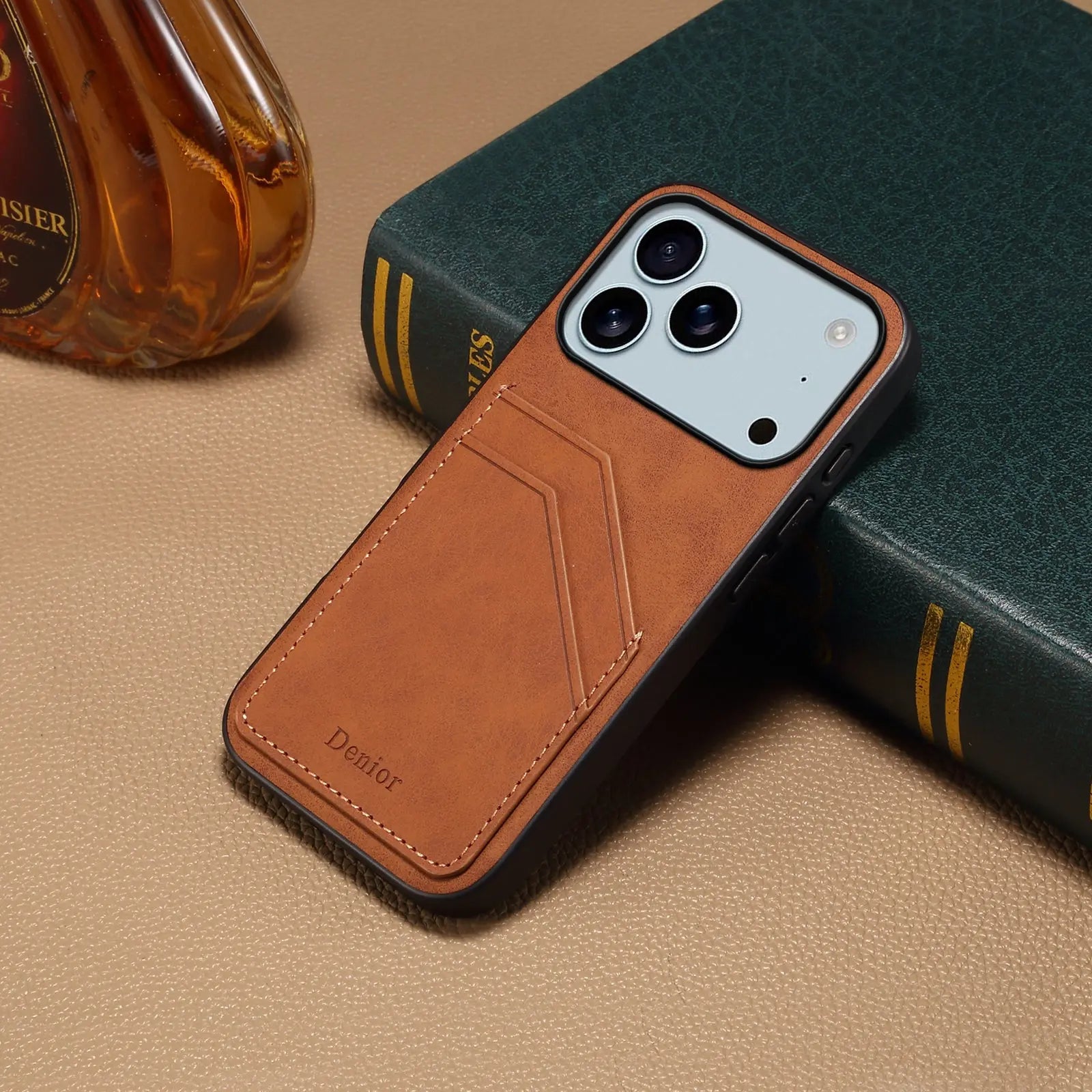 Brown premium leather wallet iPhone case with card holder by PADUCASE, featuring a sleek design and convenient storage slots.