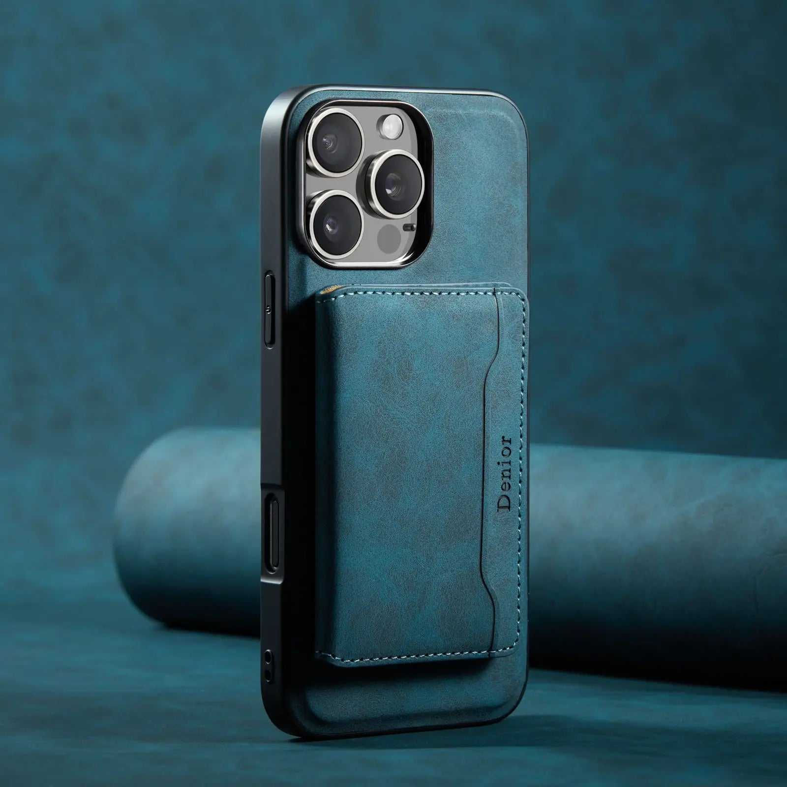 Blue leather iPhone case with MagSafe card holder by PADUCASE, showing the sleek design and card slot on the back.