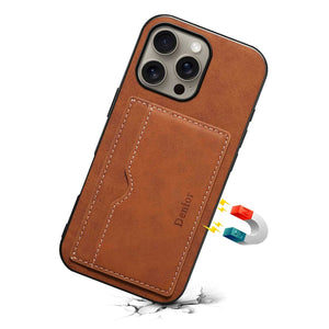 Brown leather wallet iPhone case by PADUCASE with full protection, featuring card slots and sleek design for iPhone models.