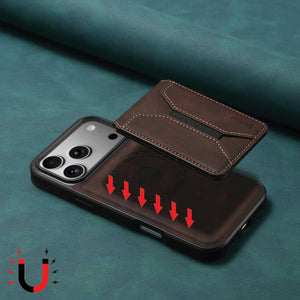 Brown leather MagSafe wallet iPhone case by PADUCASE, featuring a sleek design and card storage on the back.