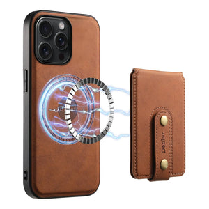 Brown PADUCASE MagSafe iPhone case with integrated leather wallet, providing full protection and stylish design.
