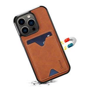 Brown leather iPhone case with integrated card holder and stand feature by PADUCASE, showing front view with card slots.