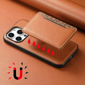 PADUCASE MagSafe iPhone case with khaki card holder and wallet attachment, designed for easy card storage and secure phone protection.