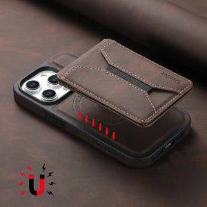 Brown leather MagSafe iPhone case with magnetic card holder by PADUCASE, featuring a sleek design and precise cutouts.