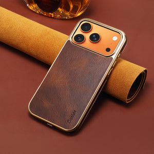 Brown leather iPhone case compatible with iPhone 12 to 17 by PADUCASE, showing a sleek, protective design with precise cutouts.