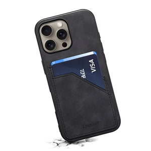 Black leather iPhone case with built-in card holder by PADUCASE, offering full protection and convenient storage for cards.