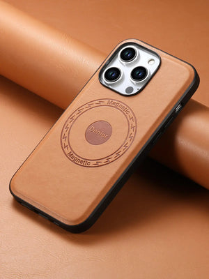Brown MagSafe leather iPhone case from PADUCASE with sleek design and precise cutouts for easy access to buttons and ports.