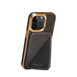 Black leather iPhone case by PADUCASE with a hidden card slot, offering durable protection and convenient card storage.