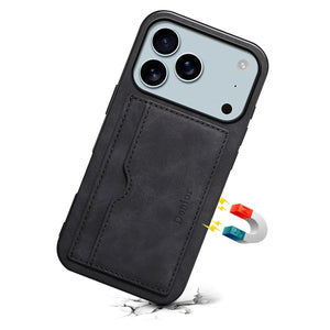 Black leather iPhone case with built-in card holder for iPhone 12 to 17, featuring PADUCASE branding and precise cutouts.