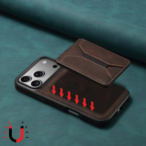 Brown leather MagSafe wallet iPhone case by PADUCASE, featuring a sleek design and card storage on the back.