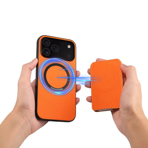 Orange PADUCASE MagSafe iPhone case with hidden leather card slot, durable protective cover for iPhone models.