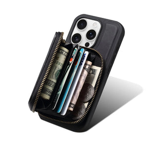 Black PADUCASE MagSafe leather iPhone case with integrated magnetic wallet, sleek design and precise fit for iPhone models.