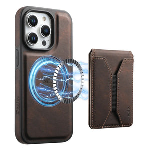Brown leather MagSafe iPhone case with built-in magnetic card holder by PADUCASE, showing the case fitted on an iPhone.