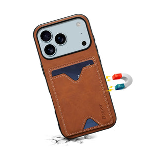Brown leather iPhone case with card holder and foldable stand, compatible with iPhone 12 to 17, by PADUCASE.