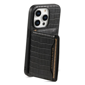 Black leather wallet iPhone case by PADUCASE, featuring a sleek design with card slots and precise cutouts for phone access.