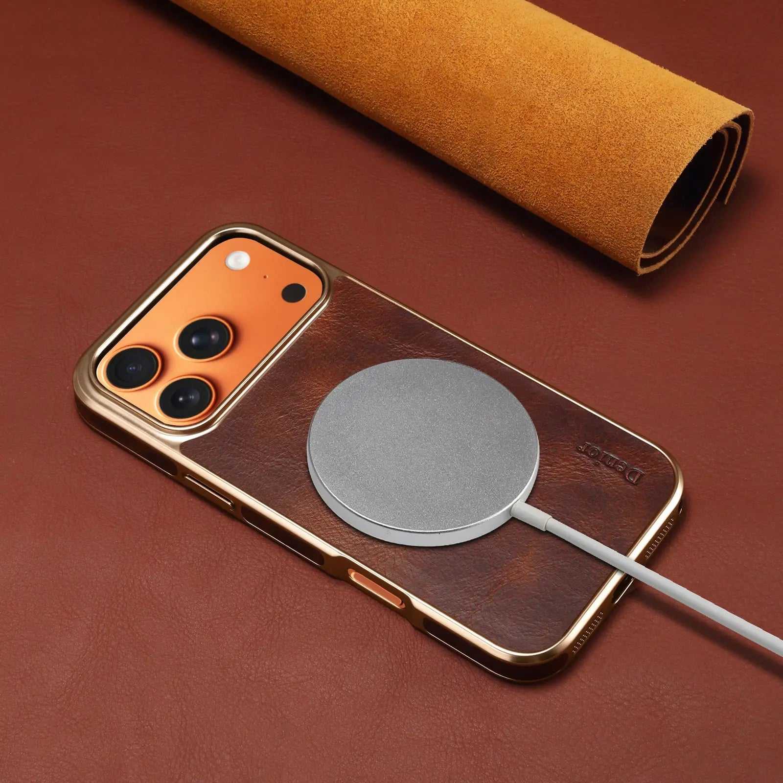 Brown leather iPhone case compatible with iPhone 12 to 17, featuring a sleek, protective design by PADUCASE.