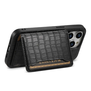 Black leather wallet iPhone case by PADUCASE with sleek design, showing the case's smooth texture and slim profile on a neutral background.