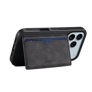 Black leather iPhone case with card holder from PADUCASE, compatible with iPhone 12 to 17, showing the case with card slots and sleek design.