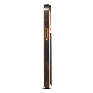 Black leather iPhone case with hidden card slot by PADUCASE, showing a durable protective cover with sleek design.