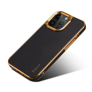 Black premium leather MagSafe iPhone case by PADUCASE, showing a sleek, smooth exterior with precise cutouts for camera and buttons.