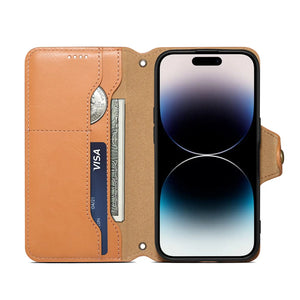 PADUCASE leather wallet iPhone case with card holder in khaki, flip cover design, showing front view with card slots and protective cover.