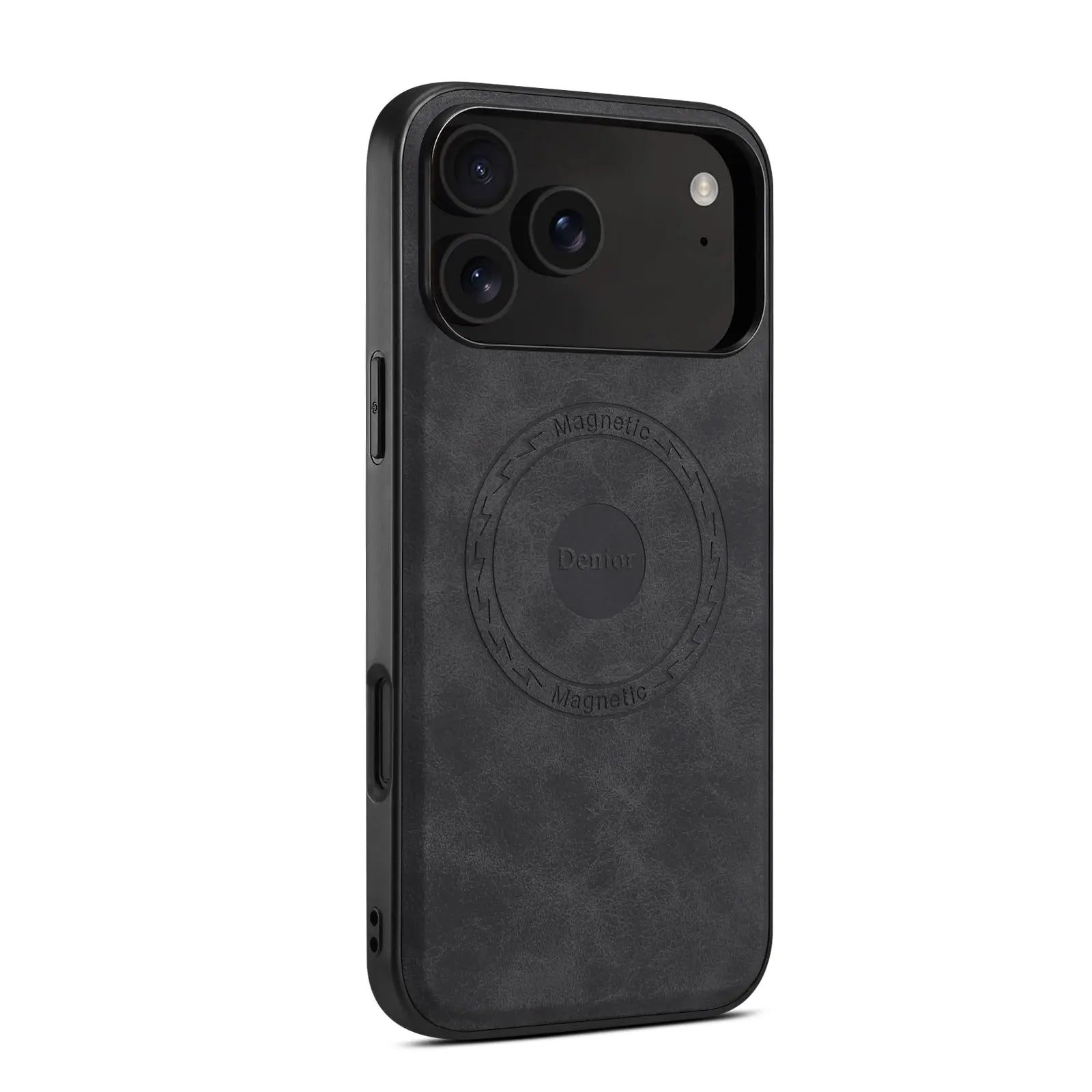 Black MagSafe leather iPhone case by PADUCASE, providing full protection with a sleek, textured leather finish.