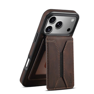 Brown leather MagSafe wallet iPhone case by PADUCASE with a sleek, slim design and integrated card slot.