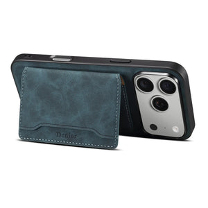 Blue leather iPhone case with MagSafe magnetic wallet for iPhone 12 to 17, featuring brand PADUCASE on the back.
