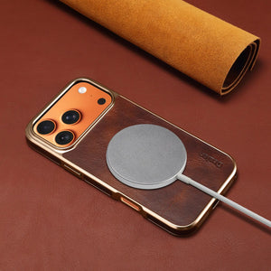 Brown leather iPhone case compatible with iPhone 12 to 17, featuring a sleek, protective design by PADUCASE.